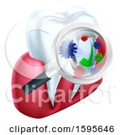 Poster, Art Print Of Magnifying Glass Over A Tooth And Gums Displaying Bacteria And A Shield