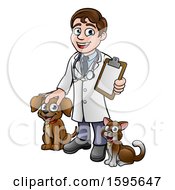 Clipart Of A Cartoon Happy May Veterinarian Waving And Holding A Clipboard With A Dog And Cat Royalty Free Vector Illustration