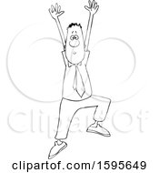 Clipart Of A Cartoon Lineart Business Man Jumping To Grab Your Attention Royalty Free Vector Illustration
