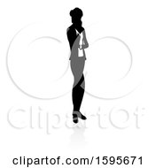 Clipart Of A Silhouetted Business Woman With A Shadow On A White Background Royalty Free Vector Illustration