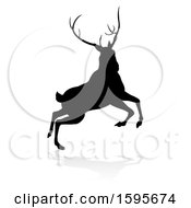 Clipart Of A Black Silhouetted Deer Stag Buck With A Shadow On A White Background Royalty Free Vector Illustration