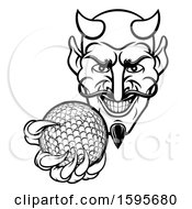 Clipart Of A Black And White Grinning Evil Devil Holding Out A Golf Ball In A Clawed Hand Royalty Free Vector Illustration