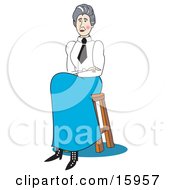 Proper Female School Teacher In A White Shirt Black Tie And Blue Sirt Seated On A Stool Clipart Illustration
