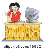 Black Haired Female Receptionist In A Red Shirt Working At Her Computer Desk Clipart Illustration