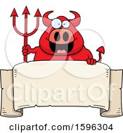 Poster, Art Print Of Chubby Red Devil Holding A Pitchfork Over A Banner