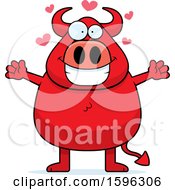 Poster, Art Print Of Chubby Red Devil With Hearts And Open Arms
