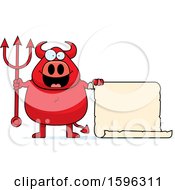 Clipart Of A Chubby Red Devil With A Blank Scroll Royalty Free Vector Illustration