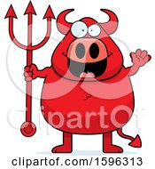 Poster, Art Print Of Chubby Red Devil Holding A Pitchfork And Waving