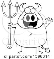 Clipart Of A Black And White Chubby Devil Holding A Pitchfork And Waving Royalty Free Vector Illustration