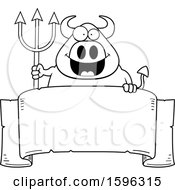 Poster, Art Print Of Black And White Chubby Devil Holding A Pitchfork Over A Banner