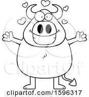 Poster, Art Print Of Black And White Chubby Devil With Hearts And Open Arms