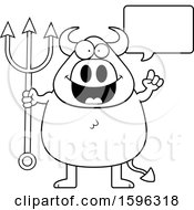 Clipart Of A Black And White Chubby Devil Holding A Pitchfork And Talking Royalty Free Vector Illustration