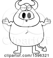 Clipart Of A Black And White Careless Shrugging Chubby Devil Royalty Free Vector Illustration