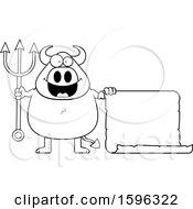 Clipart Of A Black And White Chubby Devil With A Blank Scroll Royalty Free Vector Illustration