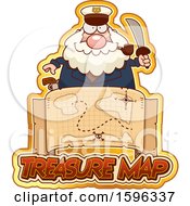 Poster, Art Print Of Chubby Sea Captain Holding A Sword Over A Treasure Map
