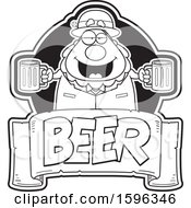 Clipart Of A Black And White Chubby Leprechaun Holding Beer Mugs Over A Text Banner Royalty Free Vector Illustration