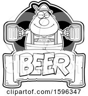 Clipart Of A Black And White Chubby Oktoberfest Man Holding Beer Mugs Over A Text Banner Royalty Free Vector Illustration