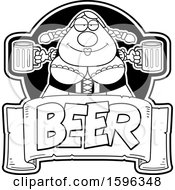 Clipart Of A Black And White Chubby Oktoberfest Woman Holding Beer Mugs Over A Text Banner Royalty Free Vector Illustration