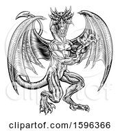 Clipart Of A Black And White Woodcut Dragon Royalty Free Vector Illustration