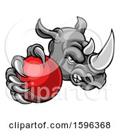 Poster, Art Print Of Tough Rhino Monster Mascot Holding Out A Cricket Ball In One Clawed Paw