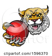 Poster, Art Print Of Tough Lynx Monster Mascot Holding Out A Cricket Ball In One Clawed Paw