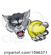 Clipart Of A Tough Wolf Monster Mascot Holding Out A Tennis Ball In One Clawed Paw Royalty Free Vector Illustration