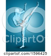 Clipart Of A 3d Medical Male Figure Kickboxing On Blue Royalty Free Illustration