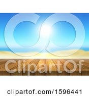 Clipart Of A 3d Wood Surface And A Beach View Royalty Free Vector Illustration
