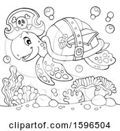 Clipart Of A Lineart Pirate Sea Turtle Royalty Free Vector Illustration