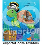 Poster, Art Print Of Pirate Sea Turtle Over A Sunken Treasure Chest