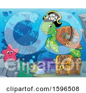 Poster, Art Print Of Pirate Sea Turtle Over A Treasure Chest With A Sunken Ship In The Background