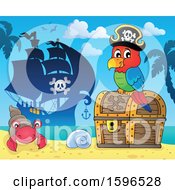 Poster, Art Print Of Pirate Parrot On A Treasure Chest On A Beach
