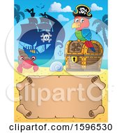 Poster, Art Print Of Clipart Of A  Pirate Parrot On A Treasure Chest Over A Scroll Royalty Free Vector Illustration