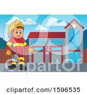 Clipart Of A Fire Man Holding An Axe By A Station Royalty Free Vector Illustration