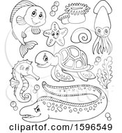 Clipart Of Lineart Sea Creatures Royalty Free Vector Illustration by visekart