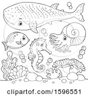 Clipart Of A Lineart Sea Creatures Royalty Free Vector Illustration