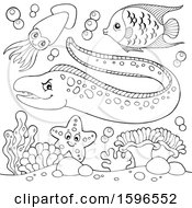 Clipart Of A Lineart Sea Creatures Royalty Free Vector Illustration by visekart