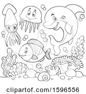 Clipart Of A Lineart Sea Creatures Royalty Free Vector Illustration