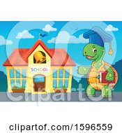 Clipart Of A Tortoise Teacher Holding A Book And Presenting A School Royalty Free Vector Illustration by visekart