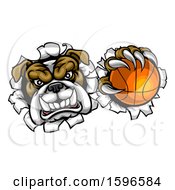 Poster, Art Print Of Tough Bulldog Monster Sports Mascot Holding Out A Basketball In One Clawed Paw And Breaking Through A Wall