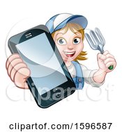 Poster, Art Print Of Cartoon Happy White Female Gardener Holding A Garden Fork And A Cell Phone
