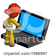 Poster, Art Print Of Orange Firefighter Fireman Man Using Large Laptop Computer