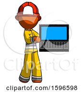 Orange Firefighter Fireman Man Holding Laptop Computer Presenting Something On Screen