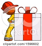 Poster, Art Print Of Orange Firefighter Fireman Man Gift Concept - Leaning Against Large Present