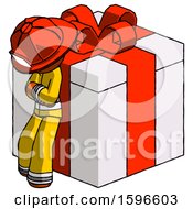 Poster, Art Print Of Orange Firefighter Fireman Man Leaning On Gift With Red Bow Angle View