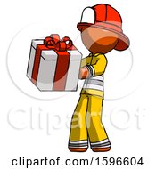 Poster, Art Print Of Orange Firefighter Fireman Man Presenting A Present With Large Red Bow On It