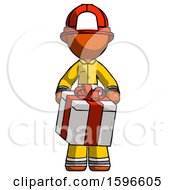 Poster, Art Print Of Orange Firefighter Fireman Man Gifting Present With Large Bow Front View