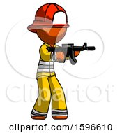 Poster, Art Print Of Orange Firefighter Fireman Man Shooting Automatic Assault Weapon