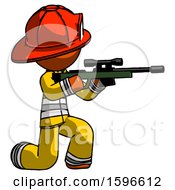 Poster, Art Print Of Orange Firefighter Fireman Man Kneeling Shooting Sniper Rifle