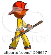 Orange Firefighter Fireman Man Holding Bo Staff In Sideways Defense Pose